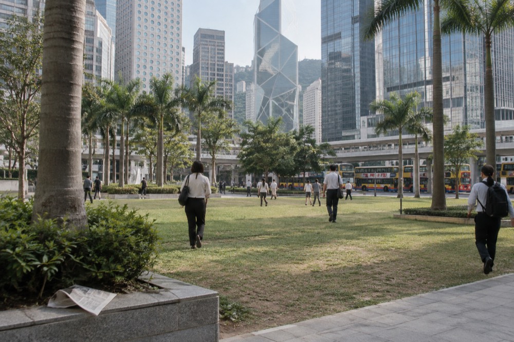 Chater Garden green space with Hong Kong office towers behind it on a clear day