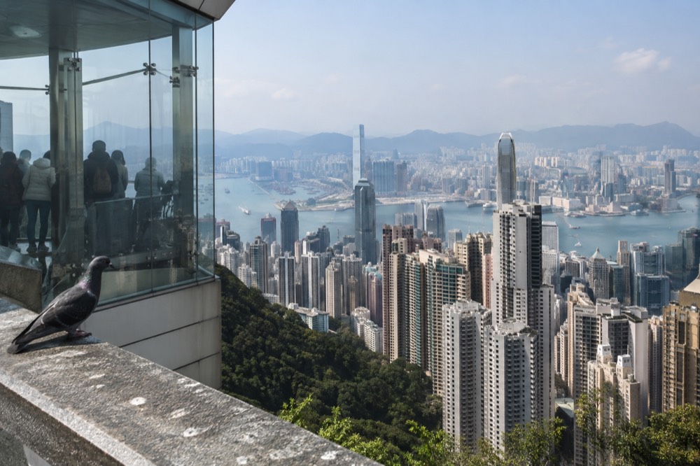 View over Hong Kong harbour and the skyline from the upper terminus area at the Peak