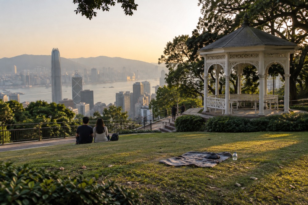 Victoria Peak Garden open lawn and Victorian style pavilion above the city