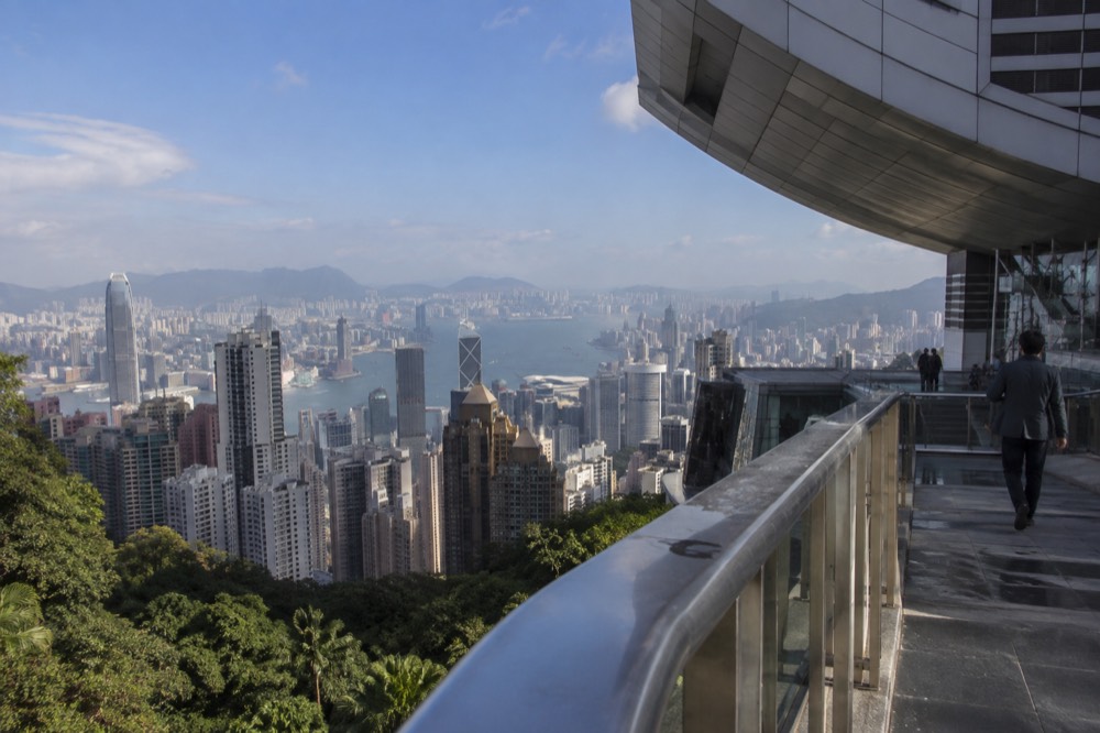 View over Victoria Harbour and the skyline from the upper station area in clear weather