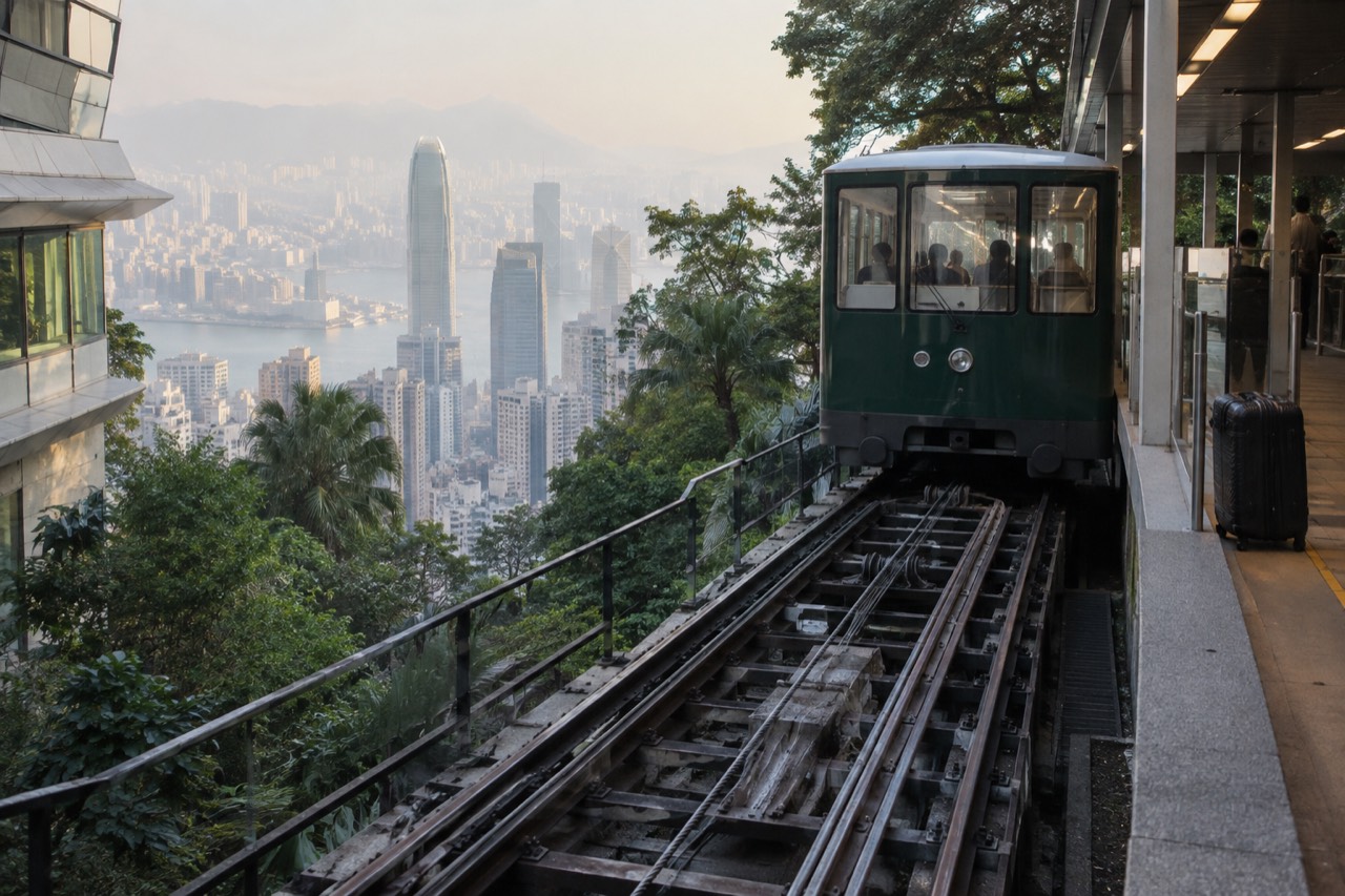 Green Peak Tram funicular car at the upper terminus platform above Hong Kong skyscrapers