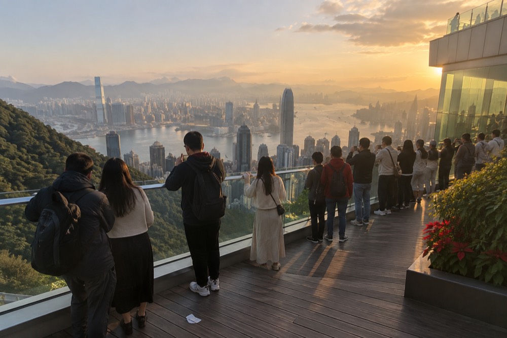 Crowds of visitors on the rooftop observation deck of the Peak Tower with the Hong Kong skyline behind