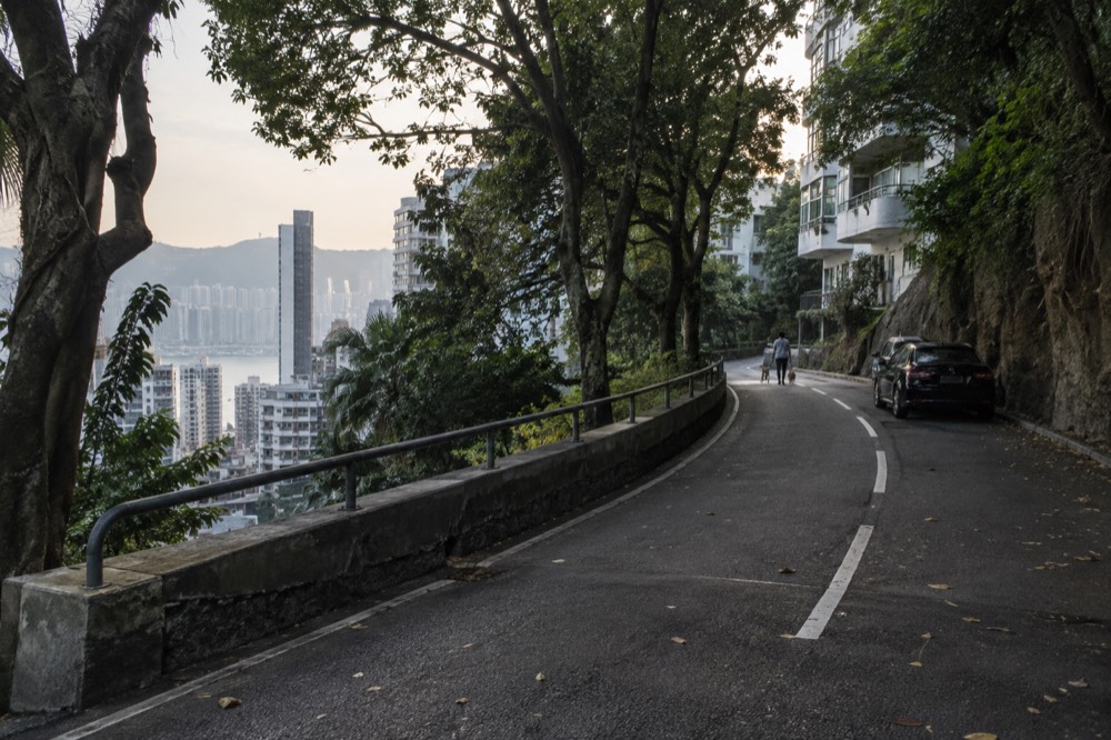 Narrow tree lined road curving along the hillside above apartment towers