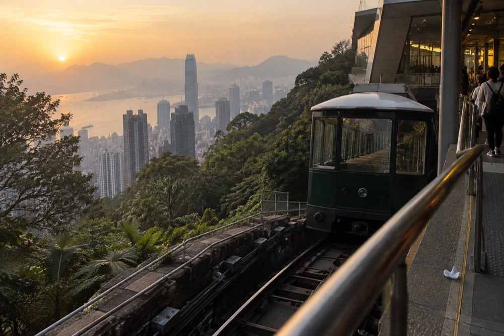 Peak Tram car at the hillside terminus with the harbour city visible beyond the trees