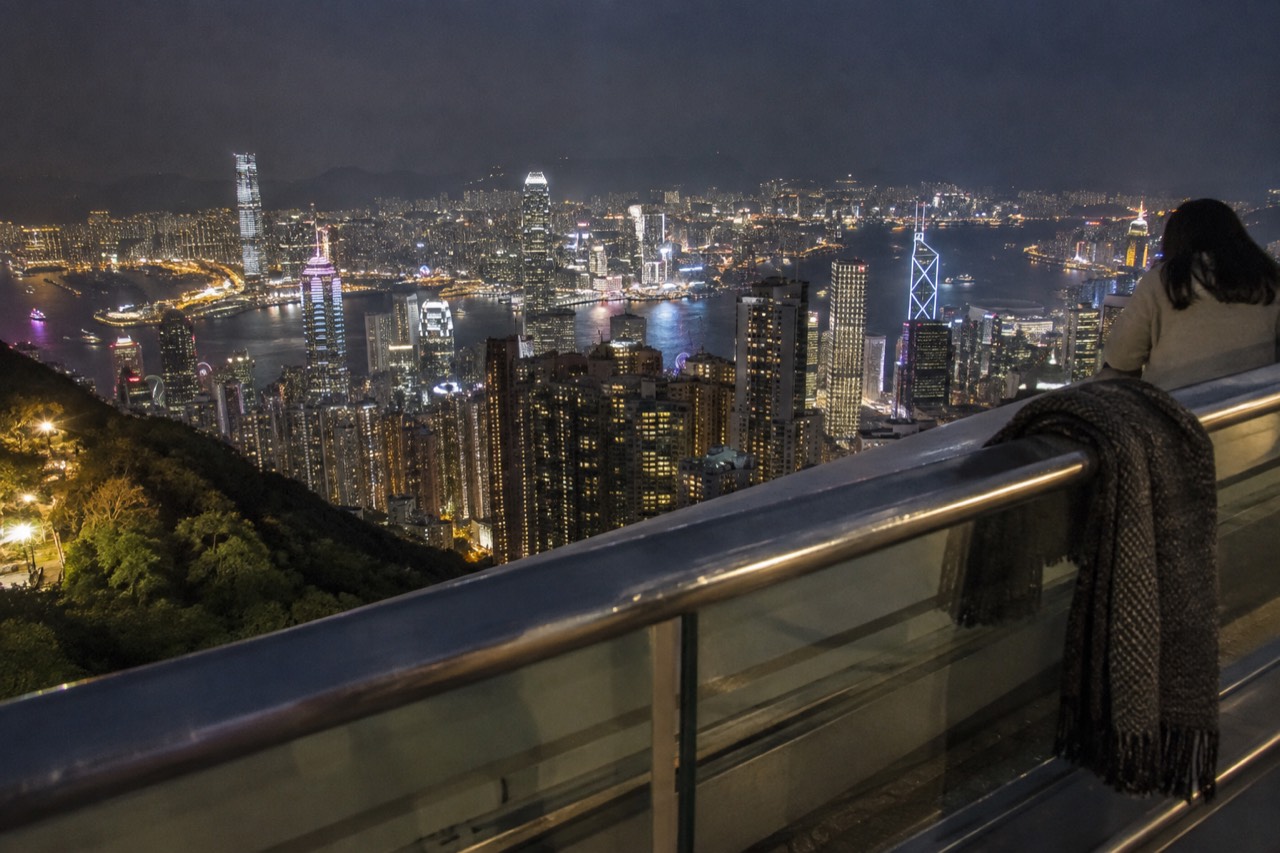 Hong Kong skyline and harbour seen from a high viewpoint above the city