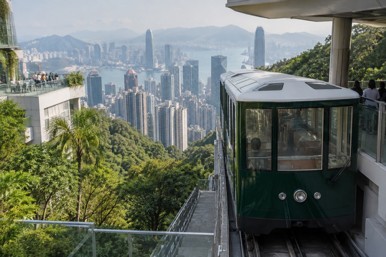 A green Peak Tram funicular car at the upper terminus above Hong Kong skyscrapers