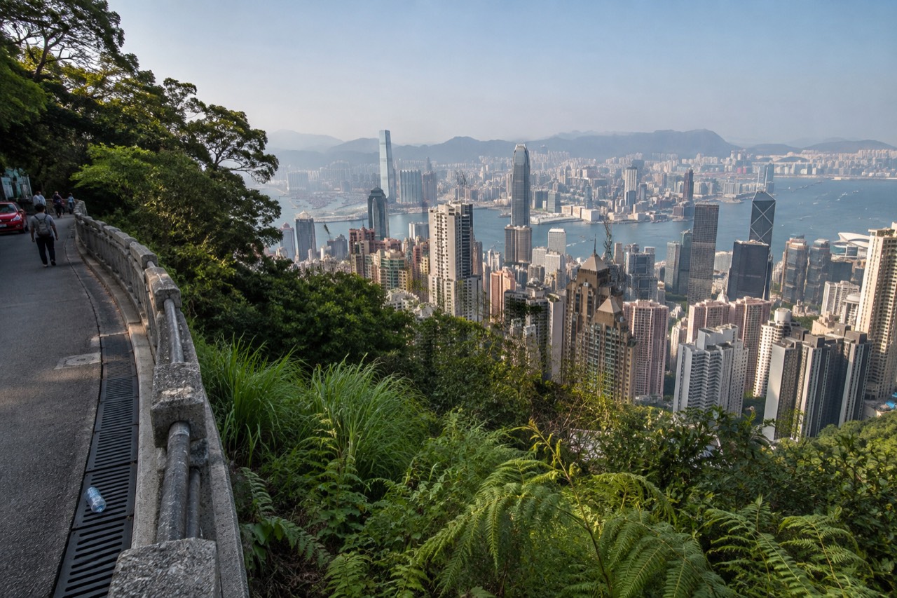 Hong Kong skyline and harbour seen from the hillside above Victoria Gap