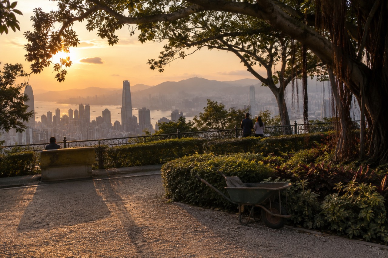 Hong Kong skyline and harbour seen from the hillside above the city at dusk
