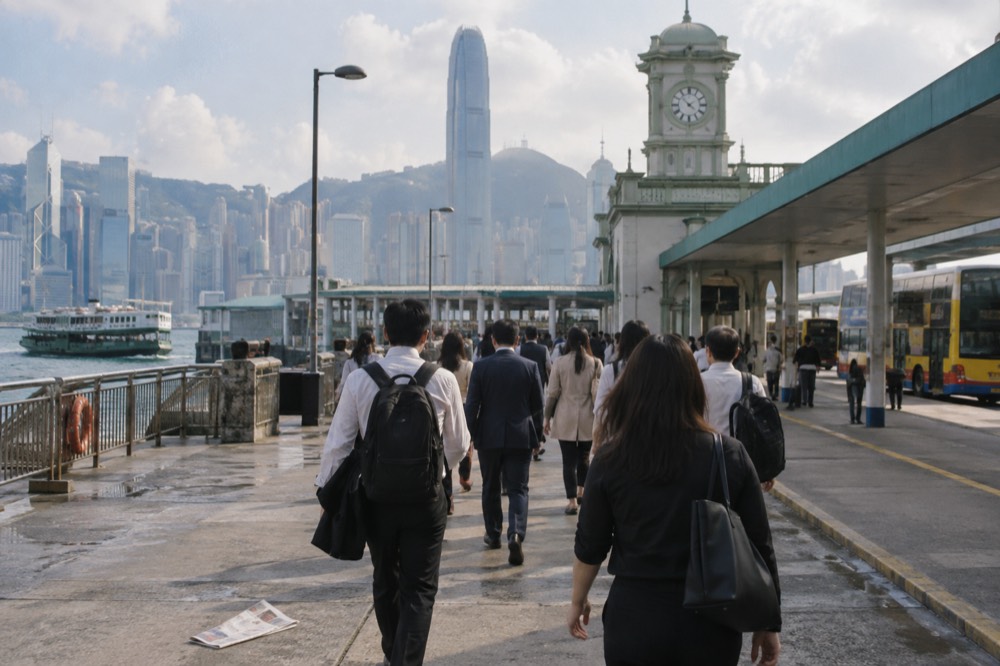 Commuters walking past the Star Ferry pier towards a row of bus stops in Central