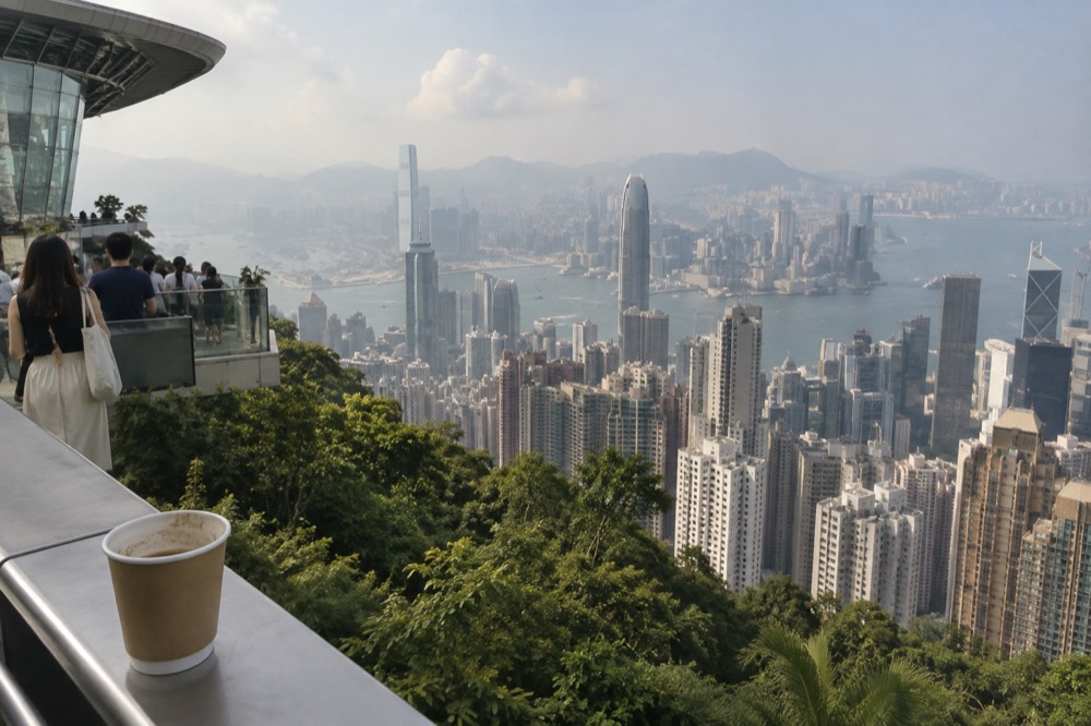 Hong Kong skyline and harbour seen from the upper Peak Tram terminus area