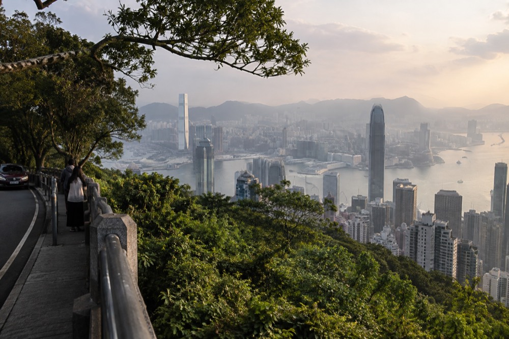 Hong Kong skyline and harbour seen from a hillside road above trees