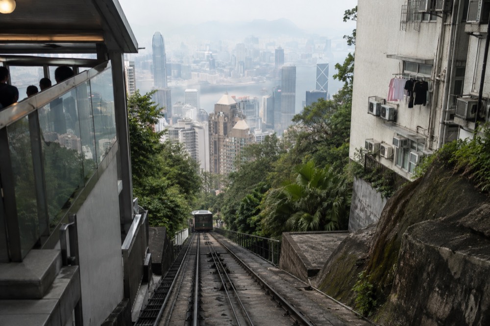 View over the high-rise towers of Central from the upper part of the Peak Tram line