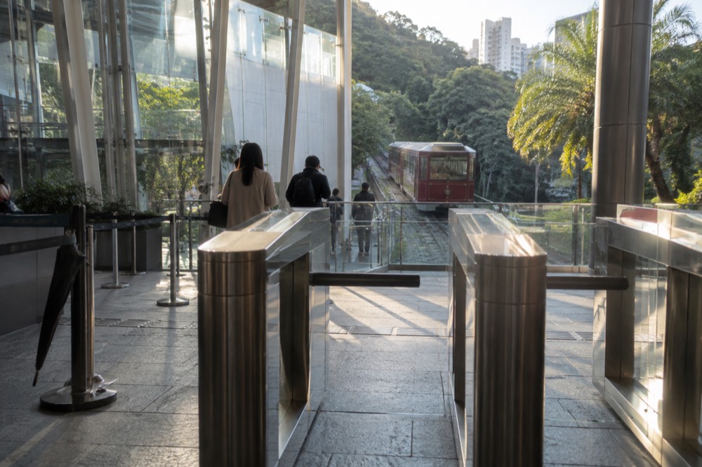 Ticket gate and queue barriers at the rebuilt Peak Tram lower terminus