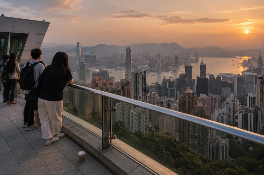 Hong Kong skyline and harbour seen from a high observation deck at golden hour