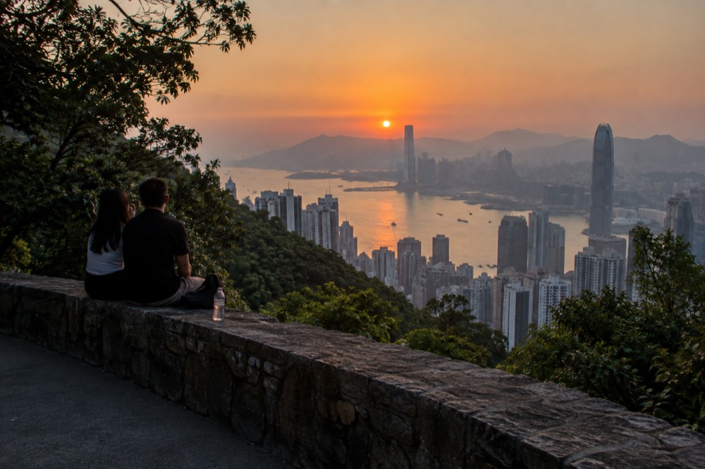 Harbour panorama at sunset with ferries crossing between forested hills and tower blocks