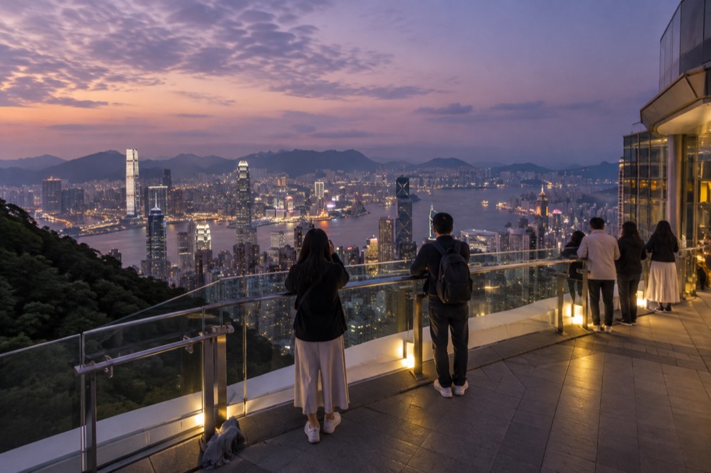 Observation deck at dusk with city lights beginning to appear across the harbour