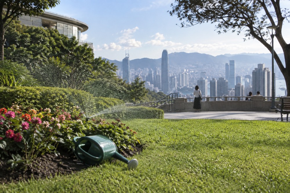 Green hilltop park lawn with flower beds and city towers beyond